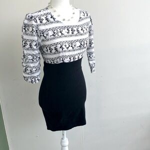 Vintage 80s Black and White Tribal Novelty Print Bodycon Dress